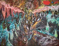 Abstraktes Gemälde mit wirbelnden, lebhaften Farben in Rot, Türkis und Braun, die an organische Formen, Handabdrücke und fließende Texturen erinnern und in der gesamten Komposition ein Gefühl von Bewegung und dynamischer Energie hervorrufen.