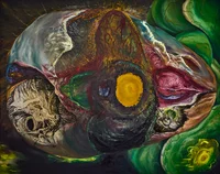 Ein surreales, abstraktes Gemälde mit organischen, wirbelnden Formen in leuchtenden Grün- und Gelbtönen und tiefen Schatten. Die zentrale Form ähnelt einem Auge oder einer Zelle, umgeben von verschlungenen aderartigen Strukturen und Andeutungen von Schädelformen.