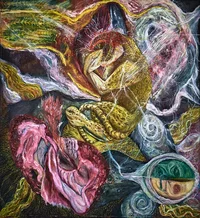 Ein surreales Gemälde eines gelben, zusammengerollten Frosches, umgeben von wirbelnden, organischen Formen und leuchtenden Farben. Rosa, blattähnliche Strukturen, verschlungene Texturen und abstrakte Formen schaffen eine intensive, traumhafte Atmosphäre.