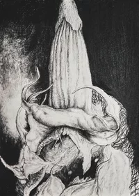 Eine detaillierte Schwarz-Weiß-Zeichnung einer abstrakten, organischen Vertikalen mit komplizierten Strukturen vor einem dunklen Hintergrund und einem spannungsreichen Kontrast zwischen Licht und Schatten.