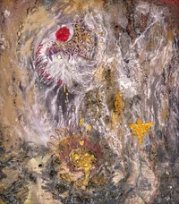 Abstraktes Gemälde mit wirbelnden, lebhaften Farben in Rot, Türkis und Braun, die an organische Formen, Handabdrücke und fließende Texturen erinnern und in der gesamten Komposition ein Gefühl von Bewegung und dynamischer Energie hervorrufen.