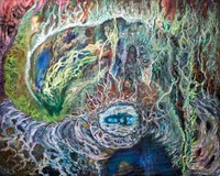 Abstraktes Gemälde mit wirbelnden, leuchtenden Farben wie Grün, Blau, Rosa und Weiß. Organische, aderartige Muster strahlen von einer zentralen blauen, kreisförmigen Form aus und erzeugen ein Gefühl von Bewegung und Fließfähigkeit im gesamten Bild.