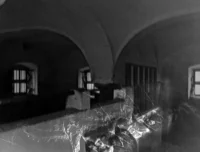 Ein dunkler, gewölbter Raum mit vergitterten Fenstern und schweren Schatten. Im Vordergrund erscheint der geisterhafte, verschwommene Umriss eines Dinosauriers, der mit der unheimlichen, monochromen Umgebung verschmilzt.