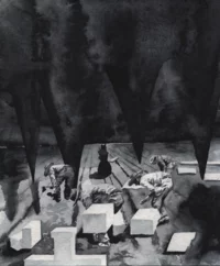 Eine Aquarell Malerei zeigt vier arbeitende Figuren mit großen weißen Blöcken auf dunklem, schattigen Untergrund. Schwarze, zackige Schatten hängen über ihnen und erzeugen eine dramatische und intensive Atmosphäre. Das Bild ist in Graustufen mit kontrastreicher Beleuchtung gehalten.