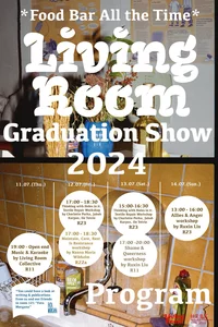 Ein farbenfrohes Poster für die Living Room Graduation Show 2024 mit Veranstaltungsdaten, Zeitplan und Workshop-Details über einem Foto einer Pflanze, eines Tisches und eines Waschbeckens. Weißer, fettgedruckter Text hebt den Namen und die Details der Veranstaltung hervor.