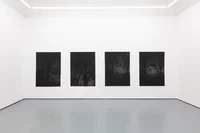 Vier dunkle, rechteckige Kunstwerke, die schattenhafte Baumsilhouetten darstellen, hängen in gleichmäßigem Abstand an einer sauberen weißen Galeriewand mit grauem Boden und beleuchteten Deckenleuchten.