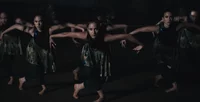 Eine Gruppe von Tänzern in dunklen, von Pfauen inspirierten Kostümen führt eine dramatische, tiefe und intensive Tanzpose mit ausgestreckten Armen vor einem dunklen Hintergrund auf.